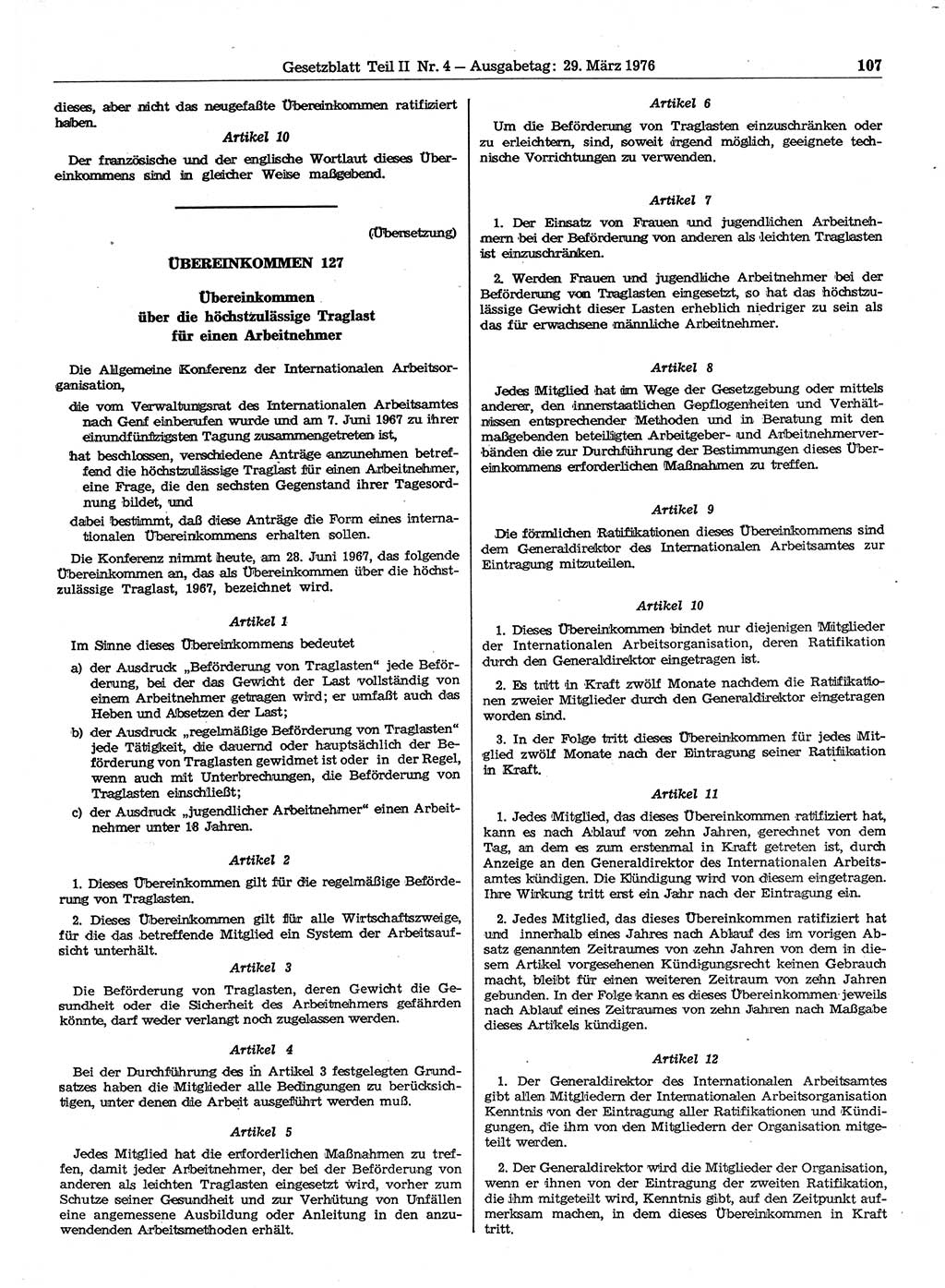Gesetzblatt (GBl.) der Deutschen Demokratischen Republik (DDR) Teil ⅠⅠ 1976, Seite 107 (GBl. DDR ⅠⅠ 1976, S. 107)