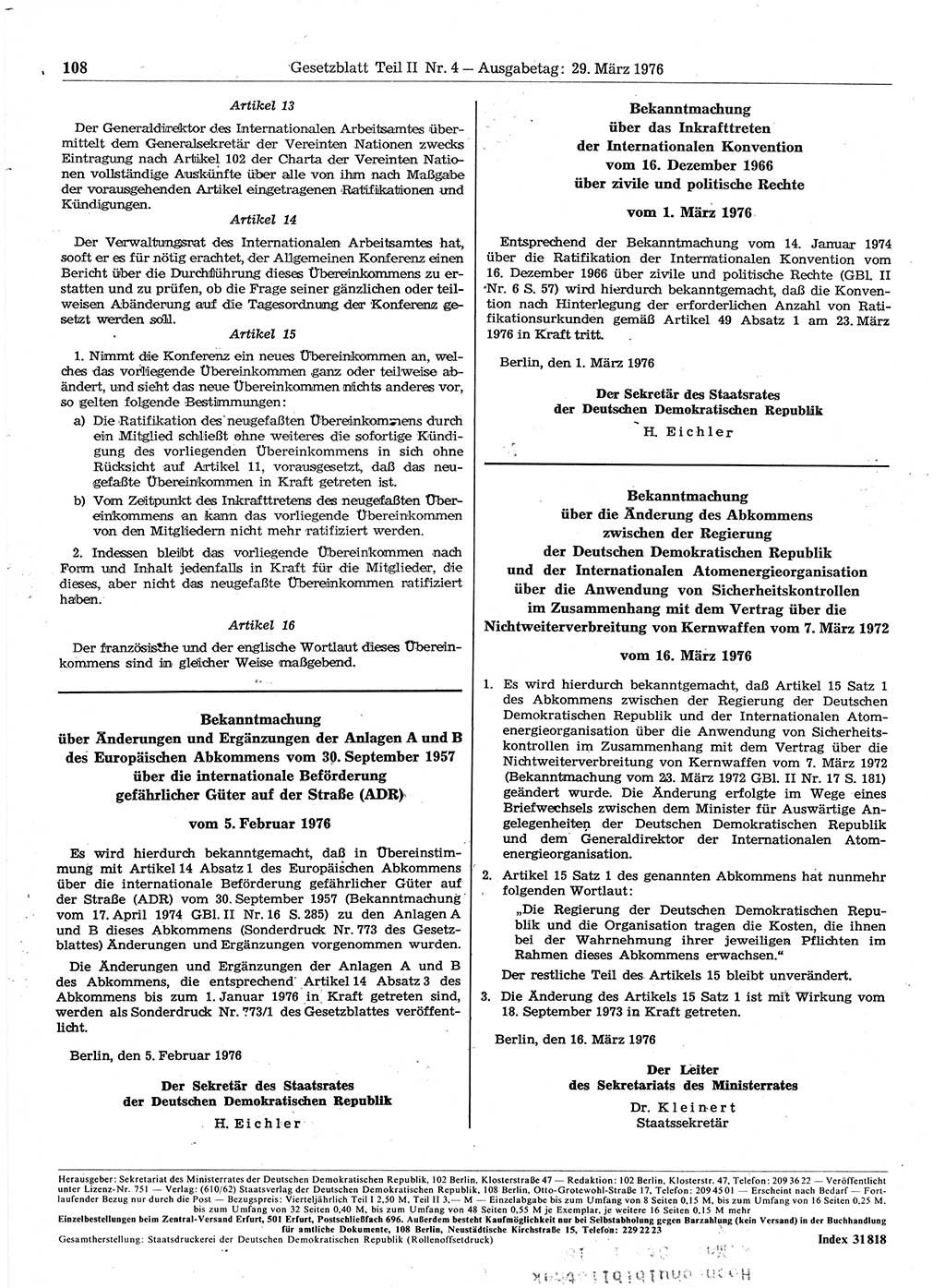 Gesetzblatt (GBl.) der Deutschen Demokratischen Republik (DDR) Teil ⅠⅠ 1976, Seite 108 (GBl. DDR ⅠⅠ 1976, S. 108)