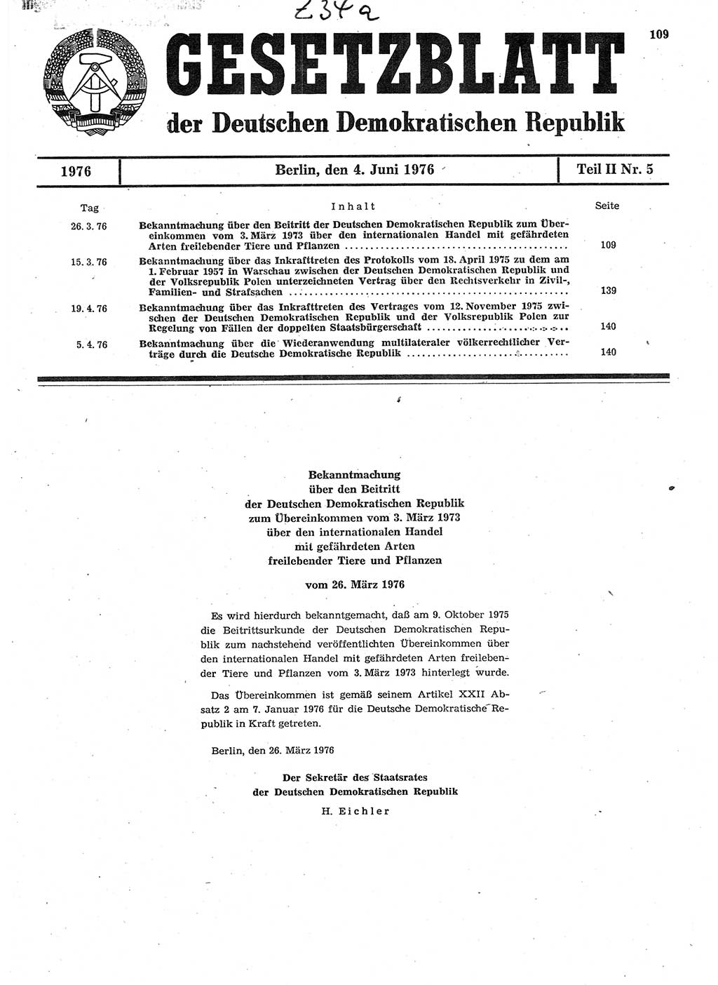 Gesetzblatt (GBl.) der Deutschen Demokratischen Republik (DDR) Teil ⅠⅠ 1976, Seite 109 (GBl. DDR ⅠⅠ 1976, S. 109)