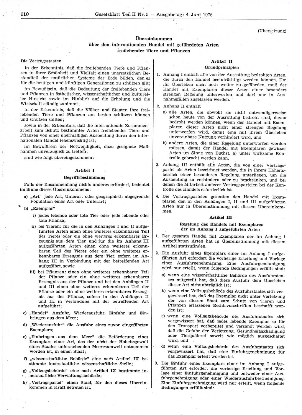 Gesetzblatt (GBl.) der Deutschen Demokratischen Republik (DDR) Teil ⅠⅠ 1976, Seite 110 (GBl. DDR ⅠⅠ 1976, S. 110)