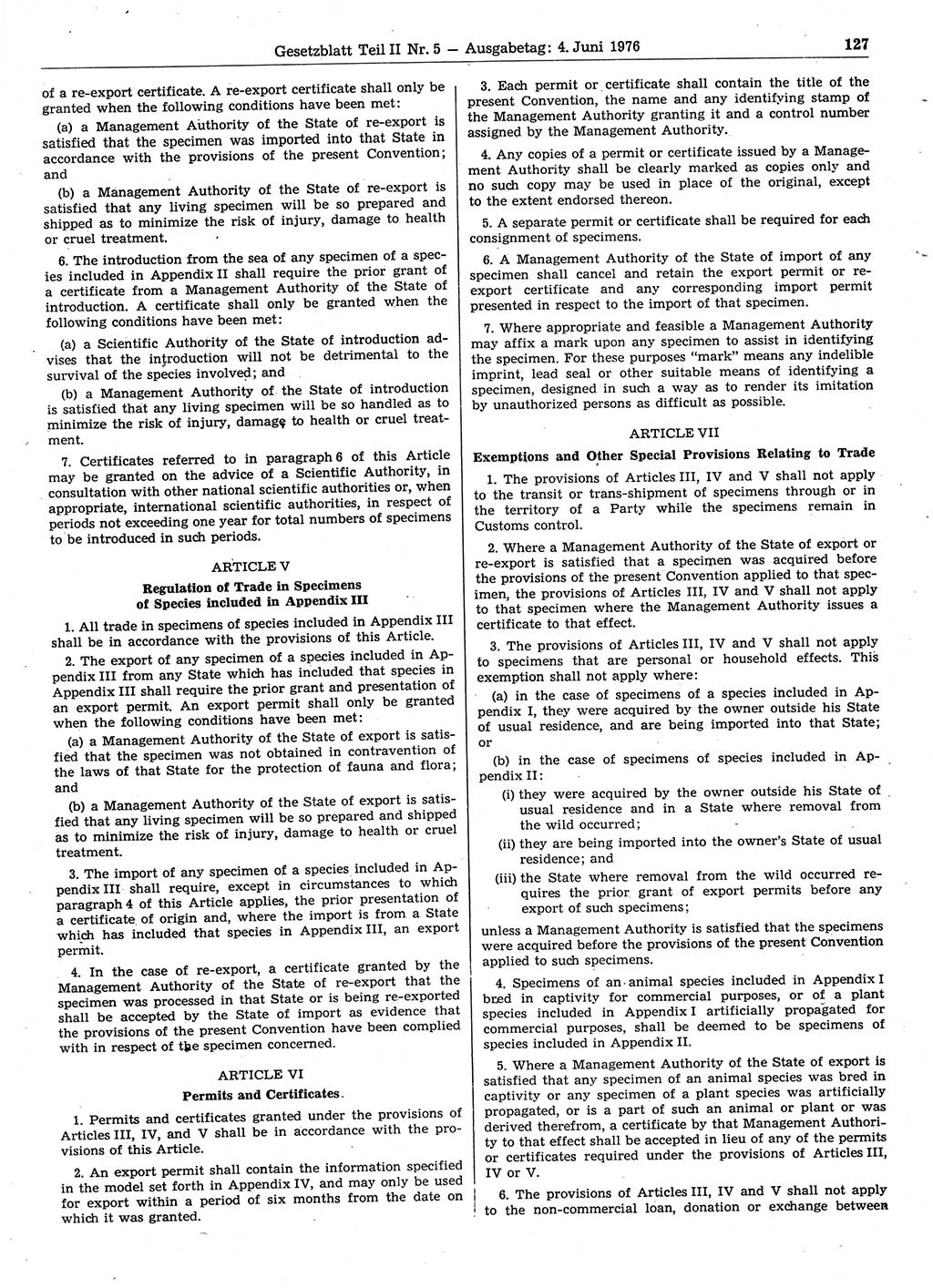 Gesetzblatt (GBl.) der Deutschen Demokratischen Republik (DDR) Teil ⅠⅠ 1976, Seite 127 (GBl. DDR ⅠⅠ 1976, S. 127)