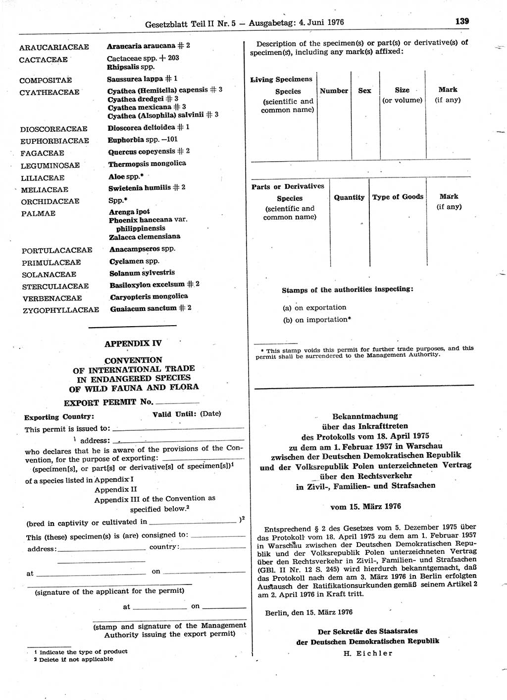 Gesetzblatt (GBl.) der Deutschen Demokratischen Republik (DDR) Teil ⅠⅠ 1976, Seite 139 (GBl. DDR ⅠⅠ 1976, S. 139)