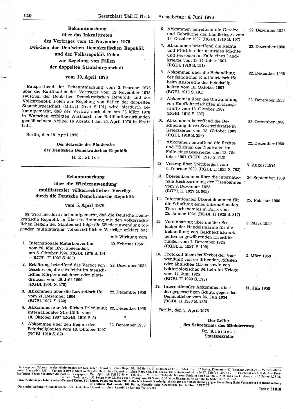 Gesetzblatt (GBl.) der Deutschen Demokratischen Republik (DDR) Teil ⅠⅠ 1976, Seite 140 (GBl. DDR ⅠⅠ 1976, S. 140)