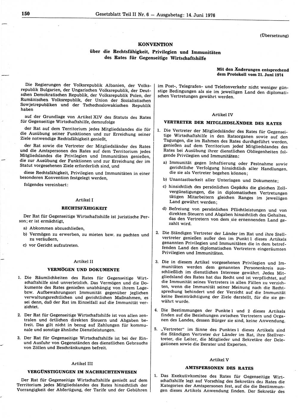 Gesetzblatt (GBl.) der Deutschen Demokratischen Republik (DDR) Teil ⅠⅠ 1976, Seite 150 (GBl. DDR ⅠⅠ 1976, S. 150)