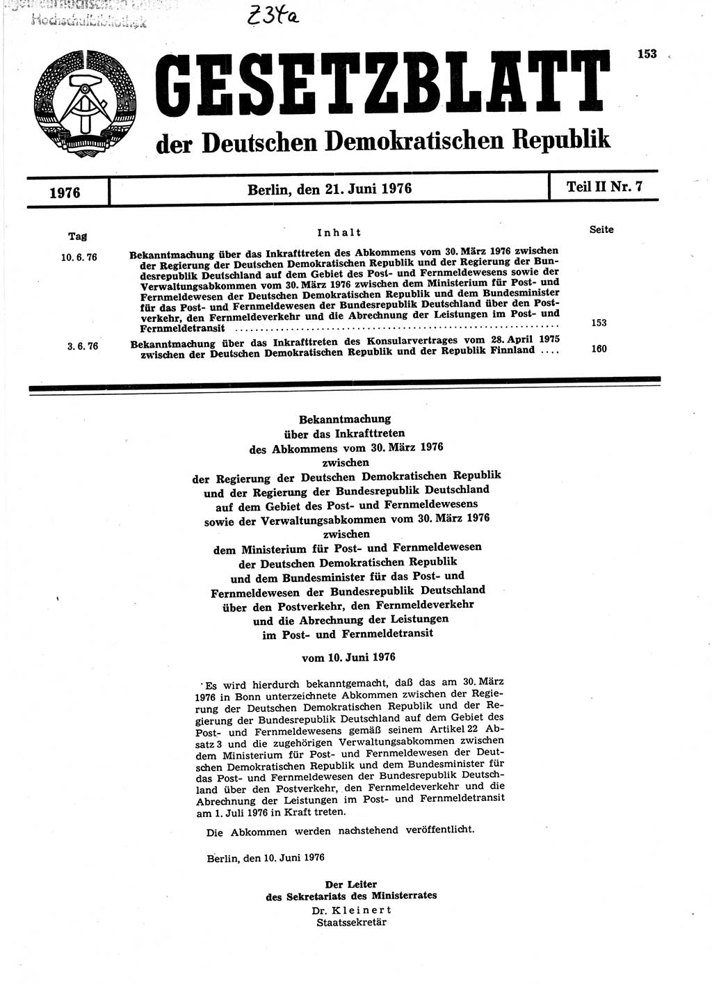 Gesetzblatt (GBl.) der Deutschen Demokratischen Republik (DDR) Teil ⅠⅠ 1976, Seite 153 (GBl. DDR ⅠⅠ 1976, S. 153)