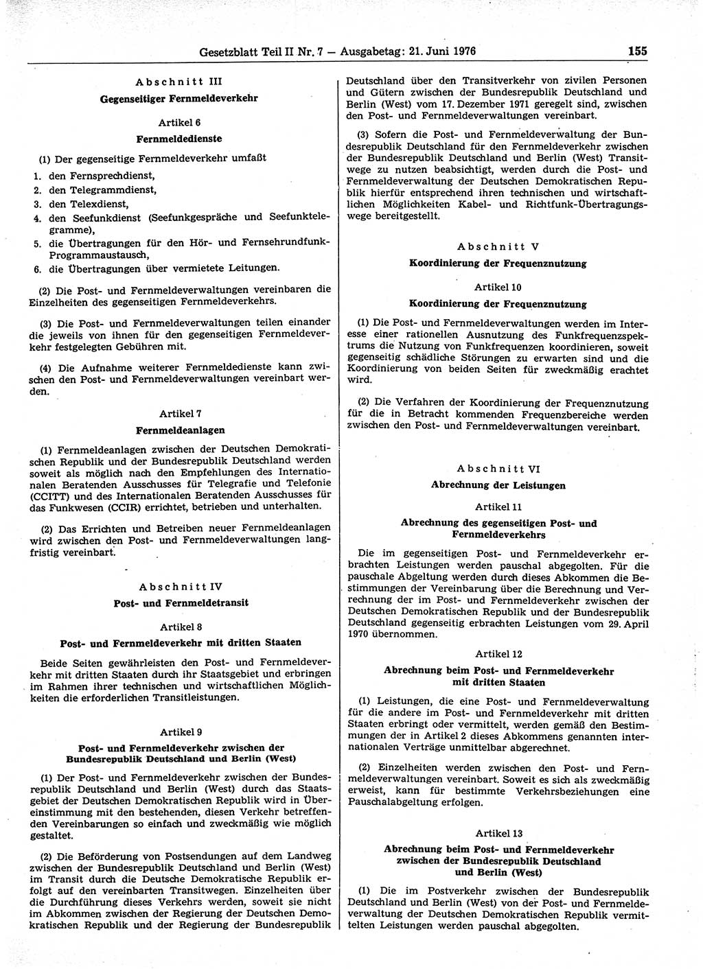 Gesetzblatt (GBl.) der Deutschen Demokratischen Republik (DDR) Teil ⅠⅠ 1976, Seite 155 (GBl. DDR ⅠⅠ 1976, S. 155)