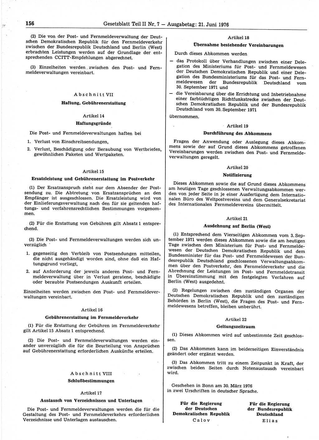 Gesetzblatt (GBl.) der Deutschen Demokratischen Republik (DDR) Teil ⅠⅠ 1976, Seite 156 (GBl. DDR ⅠⅠ 1976, S. 156)