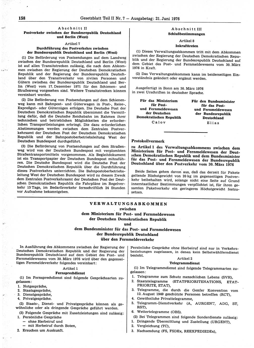 Gesetzblatt (GBl.) der Deutschen Demokratischen Republik (DDR) Teil ⅠⅠ 1976, Seite 158 (GBl. DDR ⅠⅠ 1976, S. 158)