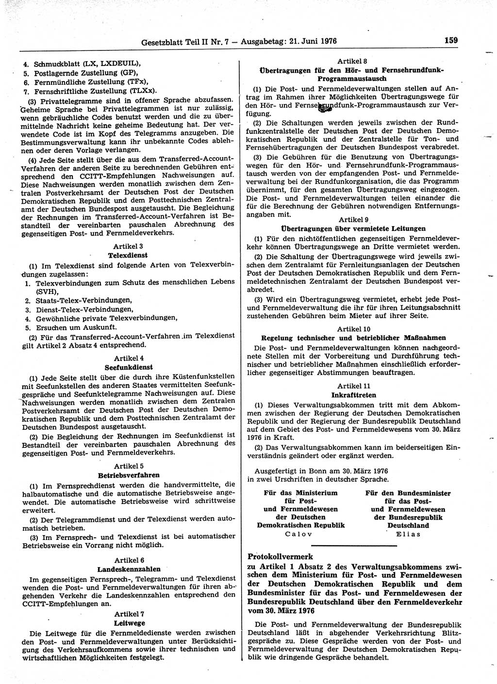 Gesetzblatt (GBl.) der Deutschen Demokratischen Republik (DDR) Teil ⅠⅠ 1976, Seite 159 (GBl. DDR ⅠⅠ 1976, S. 159)