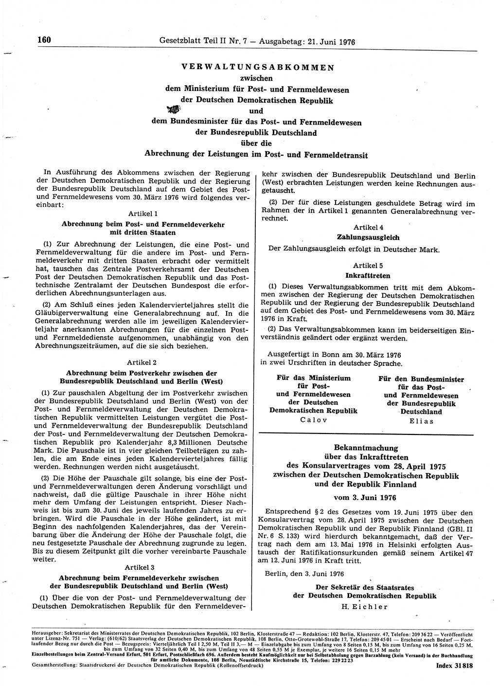 Gesetzblatt (GBl.) der Deutschen Demokratischen Republik (DDR) Teil ⅠⅠ 1976, Seite 160 (GBl. DDR ⅠⅠ 1976, S. 160)