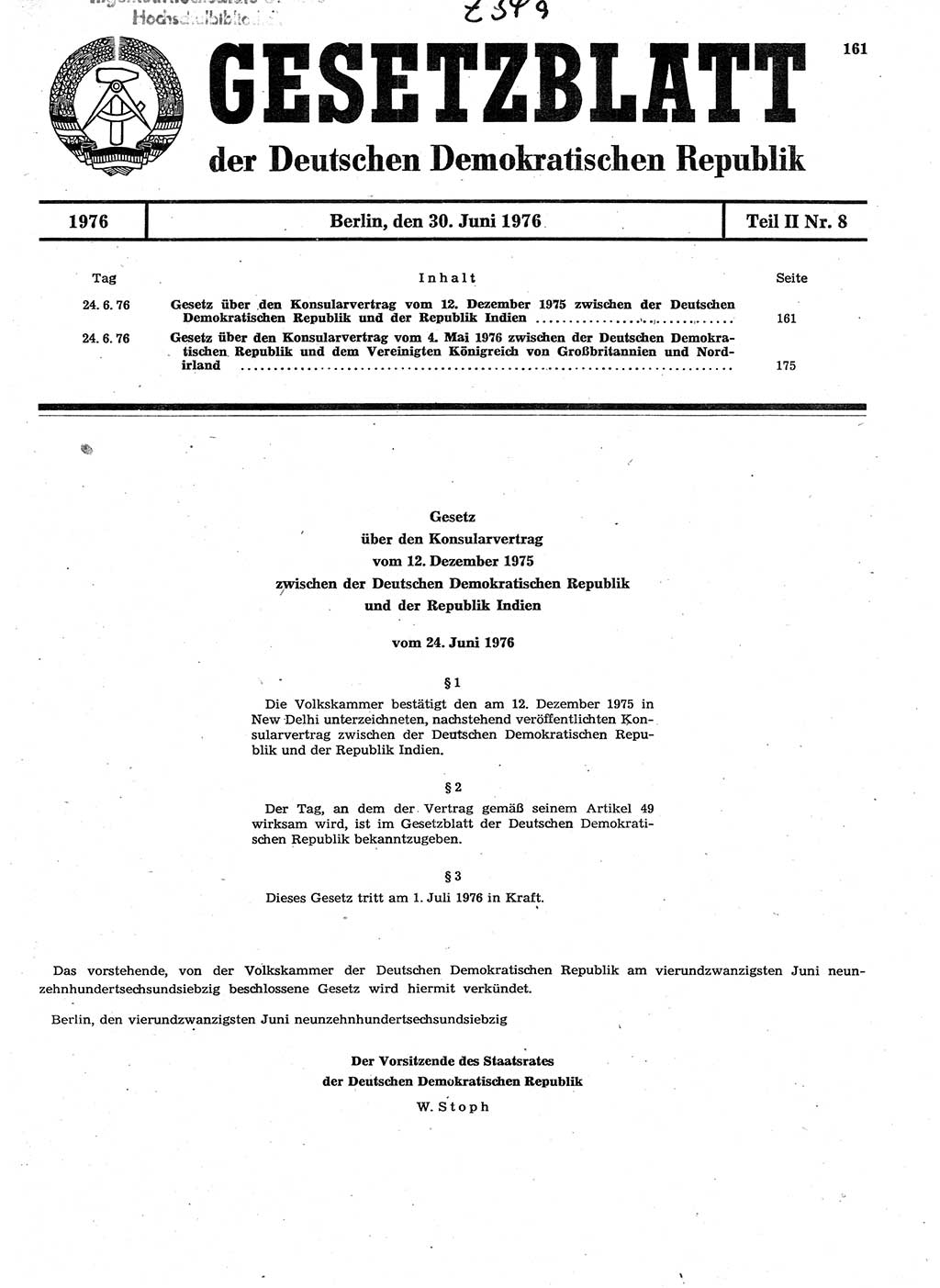 Gesetzblatt (GBl.) der Deutschen Demokratischen Republik (DDR) Teil ⅠⅠ 1976, Seite 161 (GBl. DDR ⅠⅠ 1976, S. 161)