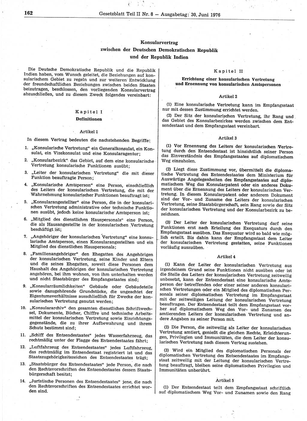 Gesetzblatt (GBl.) der Deutschen Demokratischen Republik (DDR) Teil ⅠⅠ 1976, Seite 162 (GBl. DDR ⅠⅠ 1976, S. 162)