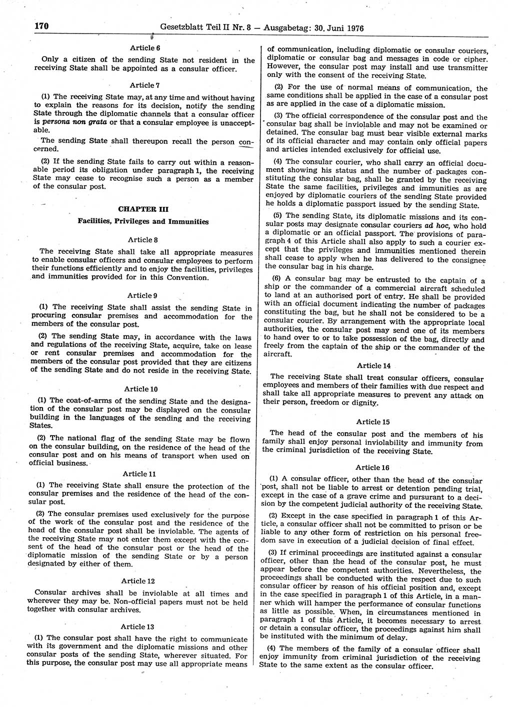 Gesetzblatt (GBl.) der Deutschen Demokratischen Republik (DDR) Teil ⅠⅠ 1976, Seite 170 (GBl. DDR ⅠⅠ 1976, S. 170)