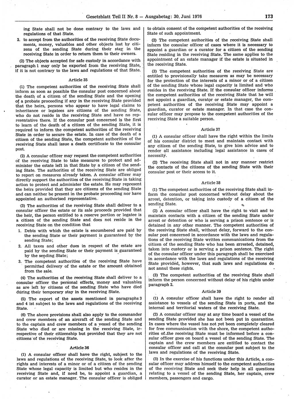Gesetzblatt (GBl.) der Deutschen Demokratischen Republik (DDR) Teil ⅠⅠ 1976, Seite 173 (GBl. DDR ⅠⅠ 1976, S. 173)