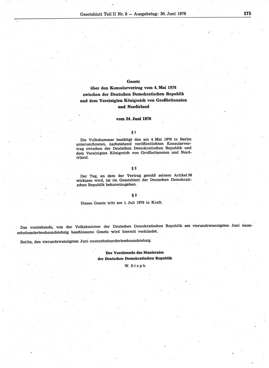 Gesetzblatt (GBl.) der Deutschen Demokratischen Republik (DDR) Teil ⅠⅠ 1976, Seite 175 (GBl. DDR ⅠⅠ 1976, S. 175)