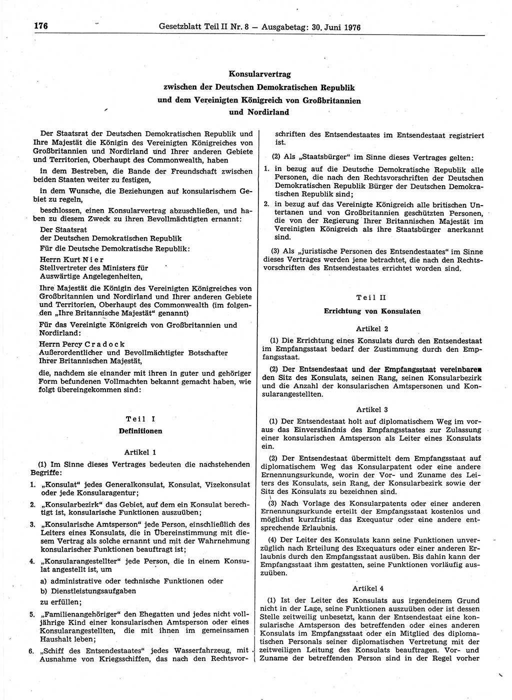 Gesetzblatt (GBl.) der Deutschen Demokratischen Republik (DDR) Teil ⅠⅠ 1976, Seite 176 (GBl. DDR ⅠⅠ 1976, S. 176)