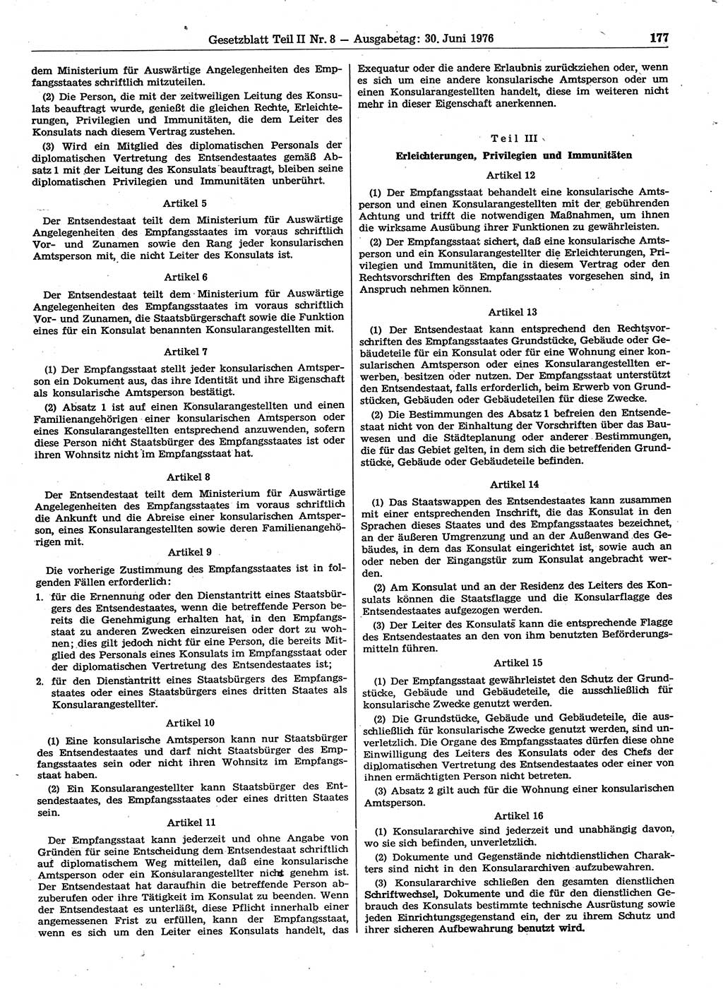 Gesetzblatt (GBl.) der Deutschen Demokratischen Republik (DDR) Teil ⅠⅠ 1976, Seite 177 (GBl. DDR ⅠⅠ 1976, S. 177)