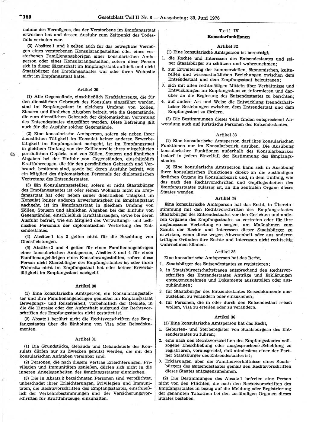 Gesetzblatt (GBl.) der Deutschen Demokratischen Republik (DDR) Teil ⅠⅠ 1976, Seite 180 (GBl. DDR ⅠⅠ 1976, S. 180)