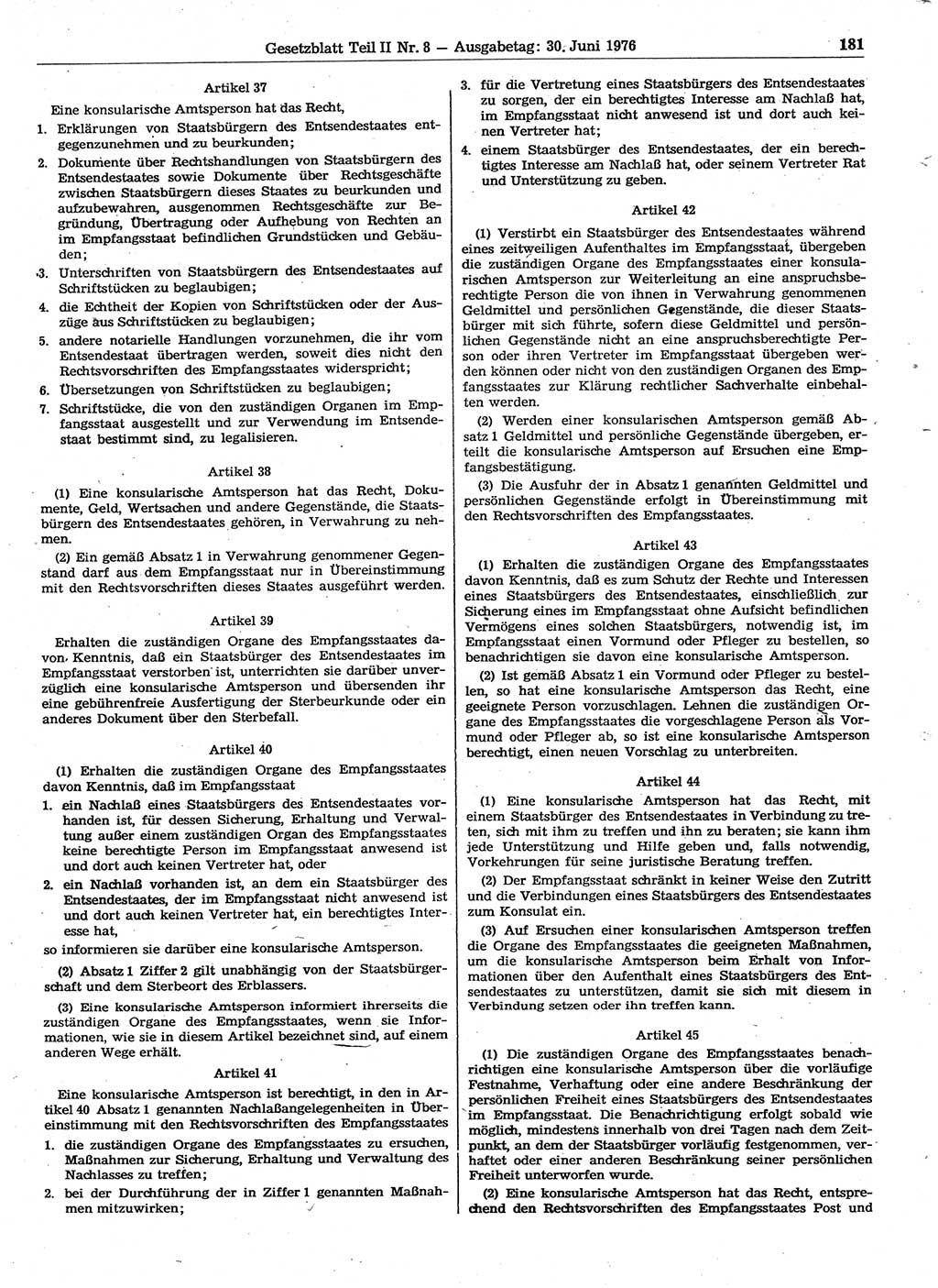 Gesetzblatt (GBl.) der Deutschen Demokratischen Republik (DDR) Teil ⅠⅠ 1976, Seite 181 (GBl. DDR ⅠⅠ 1976, S. 181)