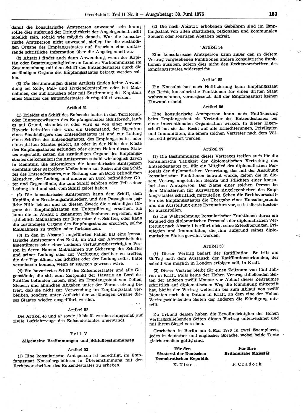 Gesetzblatt (GBl.) der Deutschen Demokratischen Republik (DDR) Teil ⅠⅠ 1976, Seite 183 (GBl. DDR ⅠⅠ 1976, S. 183)