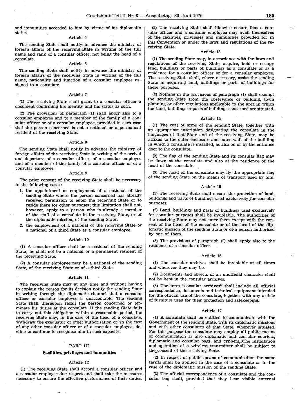 Gesetzblatt (GBl.) der Deutschen Demokratischen Republik (DDR) Teil ⅠⅠ 1976, Seite 185 (GBl. DDR ⅠⅠ 1976, S. 185)