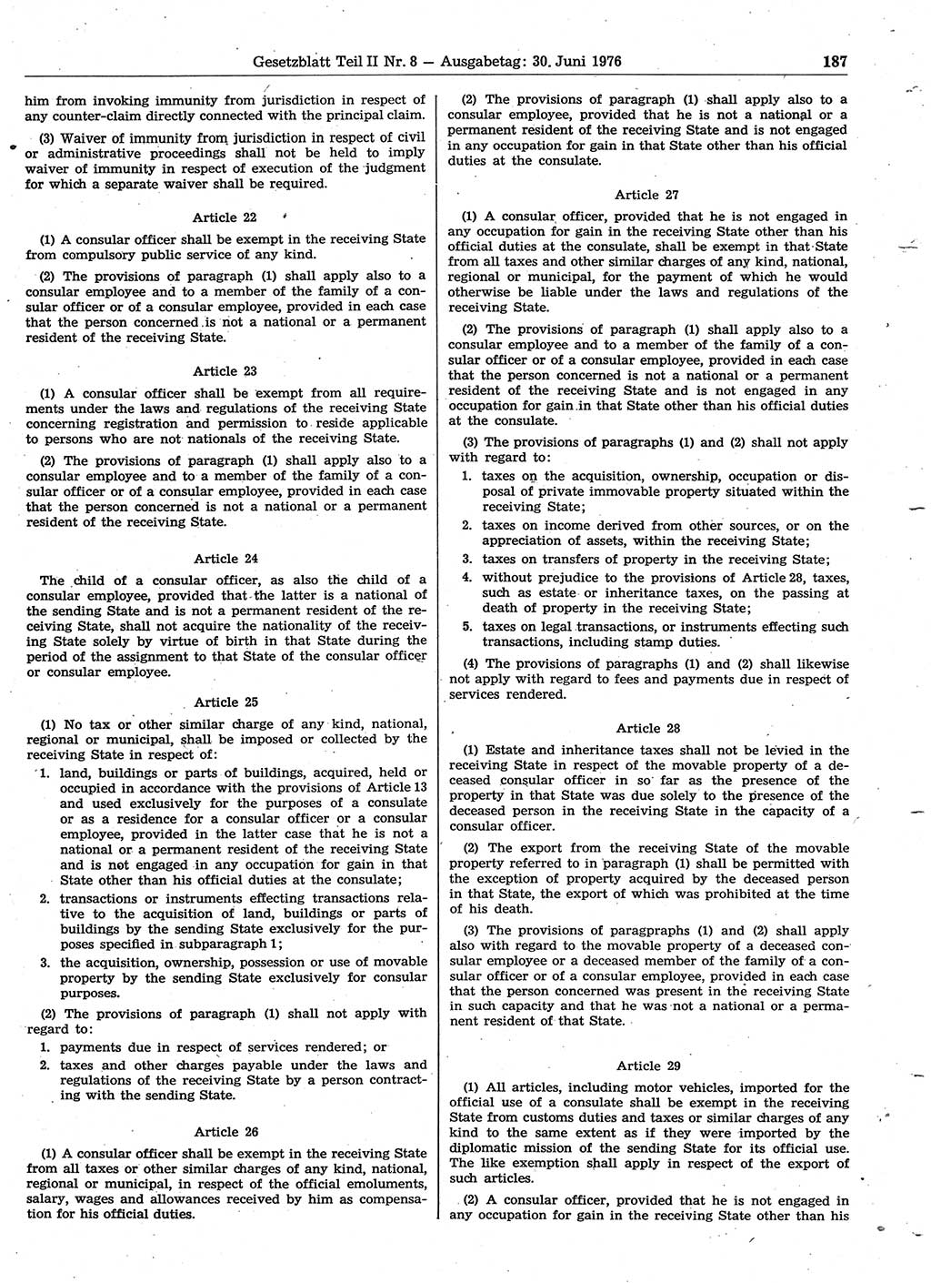 Gesetzblatt (GBl.) der Deutschen Demokratischen Republik (DDR) Teil ⅠⅠ 1976, Seite 187 (GBl. DDR ⅠⅠ 1976, S. 187)