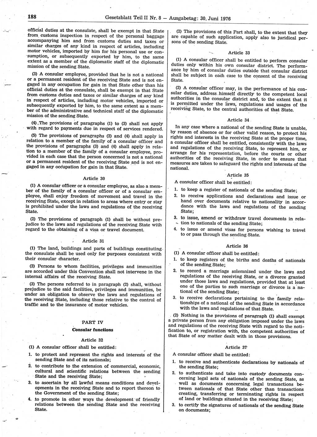 Gesetzblatt (GBl.) der Deutschen Demokratischen Republik (DDR) Teil ⅠⅠ 1976, Seite 188 (GBl. DDR ⅠⅠ 1976, S. 188)