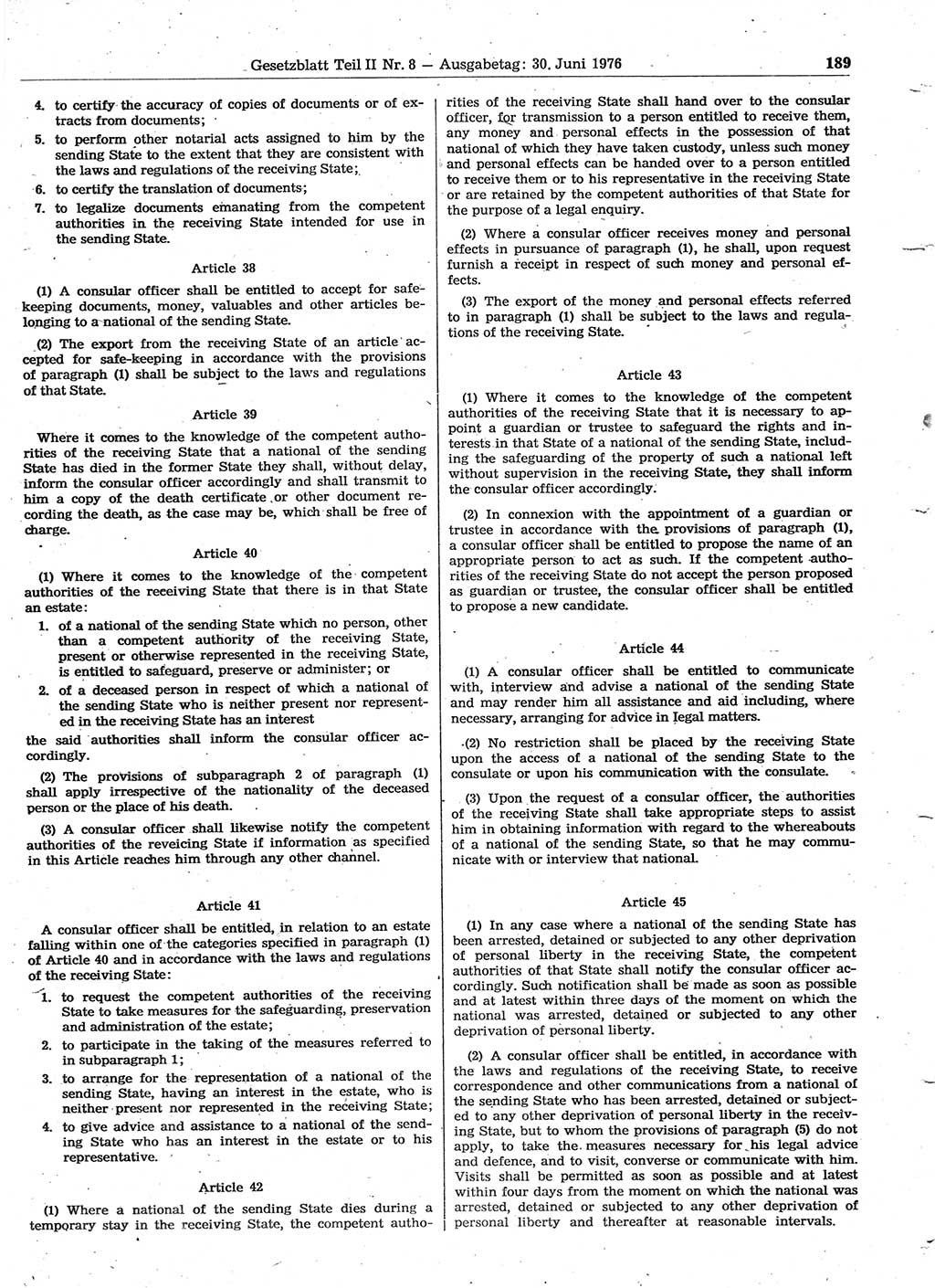 Gesetzblatt (GBl.) der Deutschen Demokratischen Republik (DDR) Teil ⅠⅠ 1976, Seite 189 (GBl. DDR ⅠⅠ 1976, S. 189)