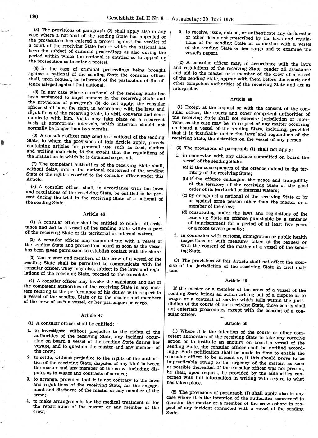 Gesetzblatt (GBl.) der Deutschen Demokratischen Republik (DDR) Teil ⅠⅠ 1976, Seite 190 (GBl. DDR ⅠⅠ 1976, S. 190)
