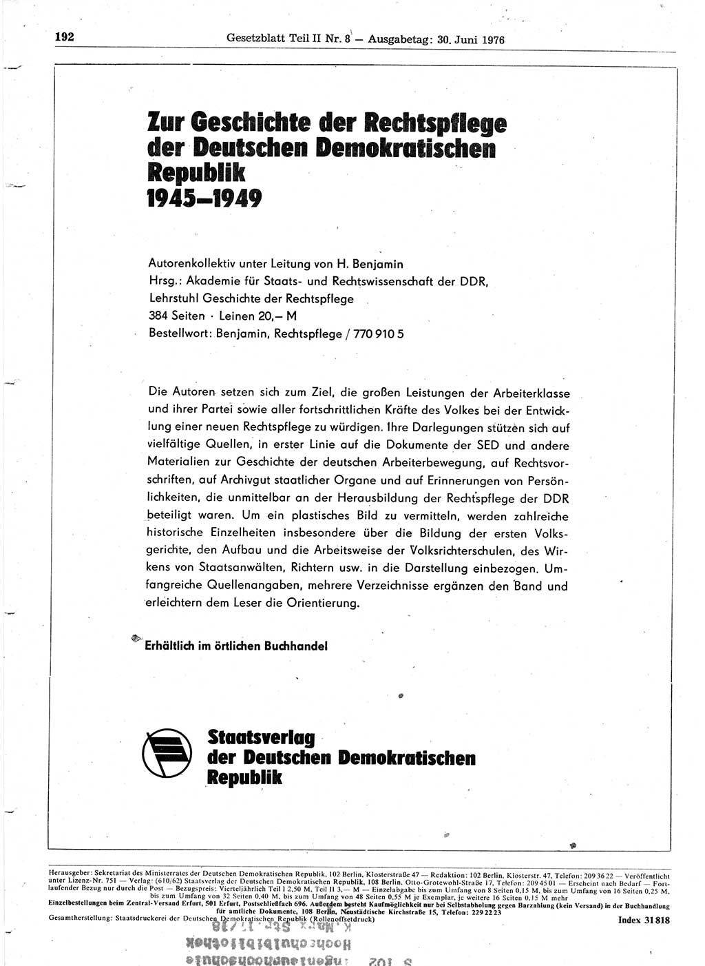 Gesetzblatt (GBl.) der Deutschen Demokratischen Republik (DDR) Teil ⅠⅠ 1976, Seite 192 (GBl. DDR ⅠⅠ 1976, S. 192)