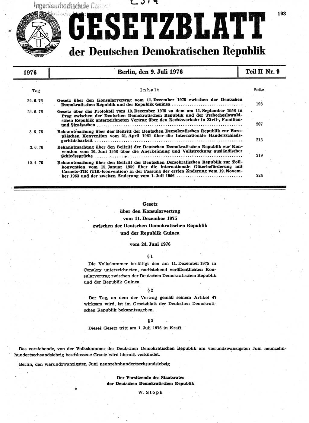 Gesetzblatt (GBl.) der Deutschen Demokratischen Republik (DDR) Teil ⅠⅠ 1976, Seite 193 (GBl. DDR ⅠⅠ 1976, S. 193)
