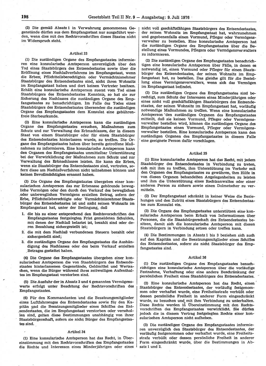 Gesetzblatt (GBl.) der Deutschen Demokratischen Republik (DDR) Teil ⅠⅠ 1976, Seite 198 (GBl. DDR ⅠⅠ 1976, S. 198)