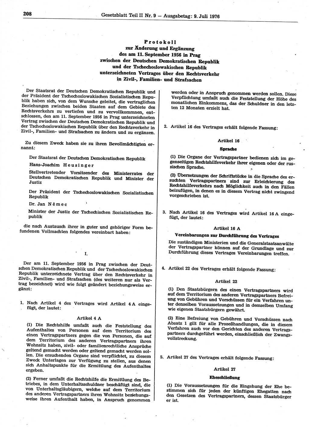 Gesetzblatt (GBl.) der Deutschen Demokratischen Republik (DDR) Teil ⅠⅠ 1976, Seite 208 (GBl. DDR ⅠⅠ 1976, S. 208)