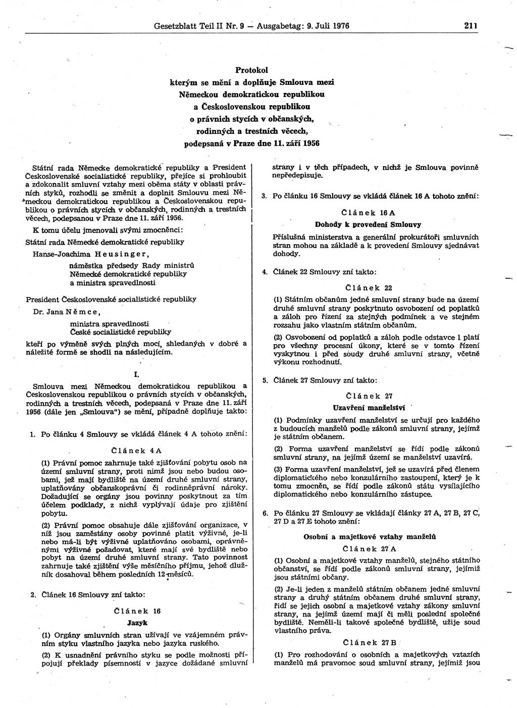 Gesetzblatt (GBl.) der Deutschen Demokratischen Republik (DDR) Teil ⅠⅠ 1976, Seite 211 (GBl. DDR ⅠⅠ 1976, S. 211)
