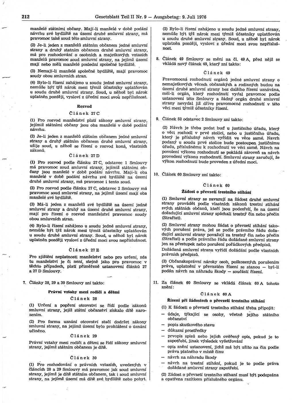 Gesetzblatt (GBl.) der Deutschen Demokratischen Republik (DDR) Teil ⅠⅠ 1976, Seite 212 (GBl. DDR ⅠⅠ 1976, S. 212)