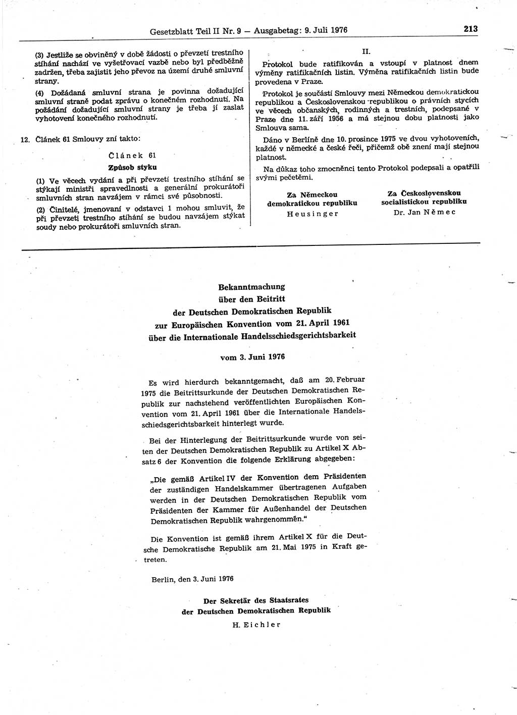 Gesetzblatt (GBl.) der Deutschen Demokratischen Republik (DDR) Teil ⅠⅠ 1976, Seite 213 (GBl. DDR ⅠⅠ 1976, S. 213)