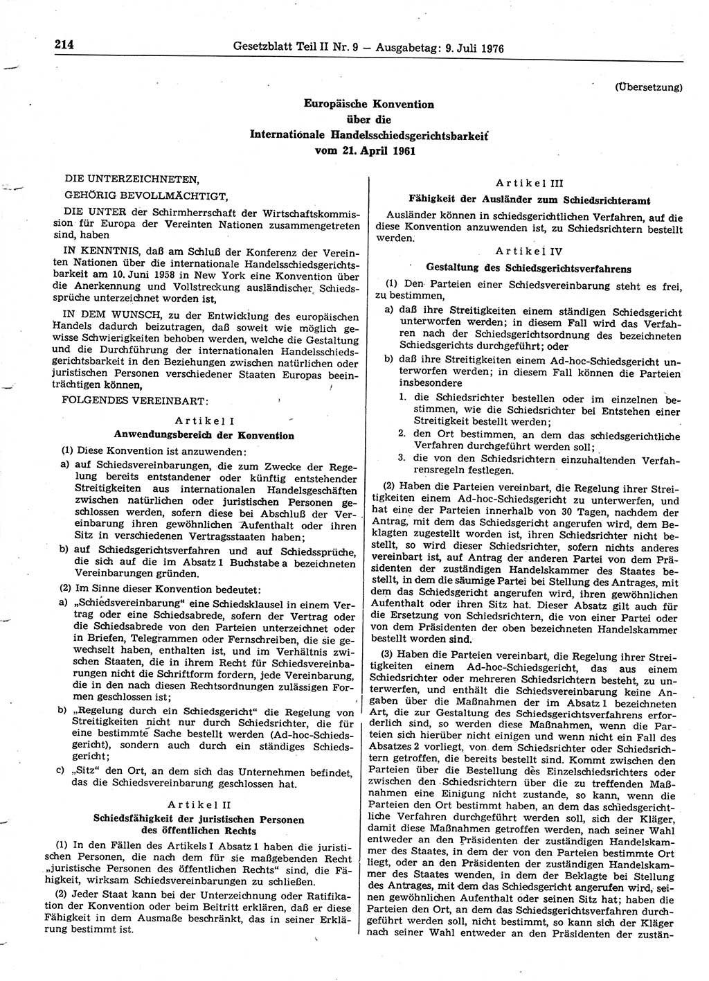 Gesetzblatt (GBl.) der Deutschen Demokratischen Republik (DDR) Teil ⅠⅠ 1976, Seite 214 (GBl. DDR ⅠⅠ 1976, S. 214)