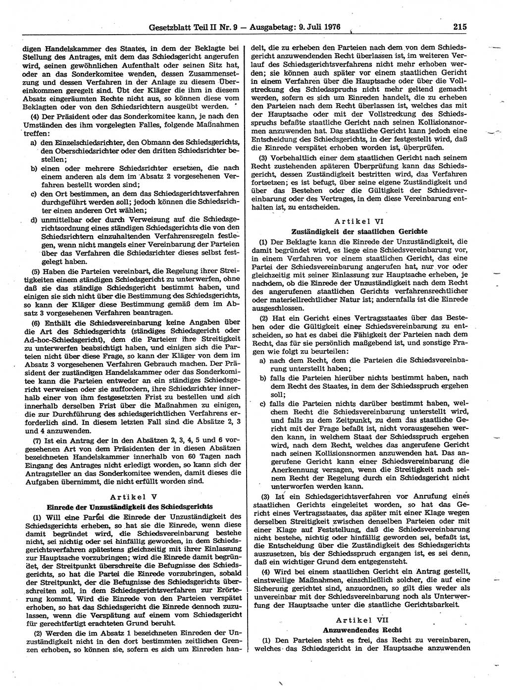 Gesetzblatt (GBl.) der Deutschen Demokratischen Republik (DDR) Teil ⅠⅠ 1976, Seite 215 (GBl. DDR ⅠⅠ 1976, S. 215)
