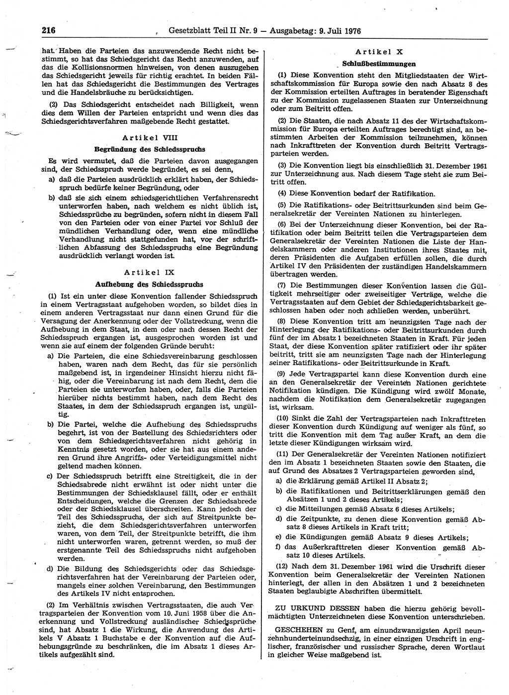 Gesetzblatt (GBl.) der Deutschen Demokratischen Republik (DDR) Teil ⅠⅠ 1976, Seite 216 (GBl. DDR ⅠⅠ 1976, S. 216)