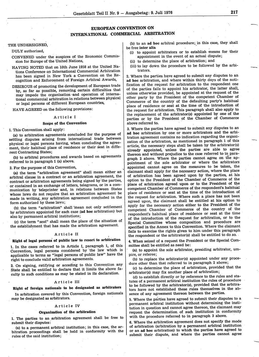 Gesetzblatt (GBl.) der Deutschen Demokratischen Republik (DDR) Teil ⅠⅠ 1976, Seite 217 (GBl. DDR ⅠⅠ 1976, S. 217)