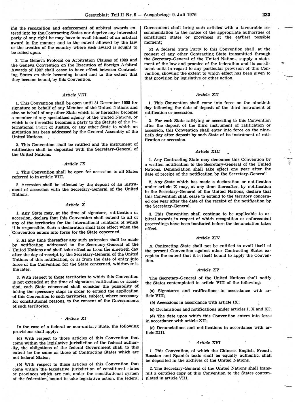 Gesetzblatt (GBl.) der Deutschen Demokratischen Republik (DDR) Teil ⅠⅠ 1976, Seite 223 (GBl. DDR ⅠⅠ 1976, S. 223)