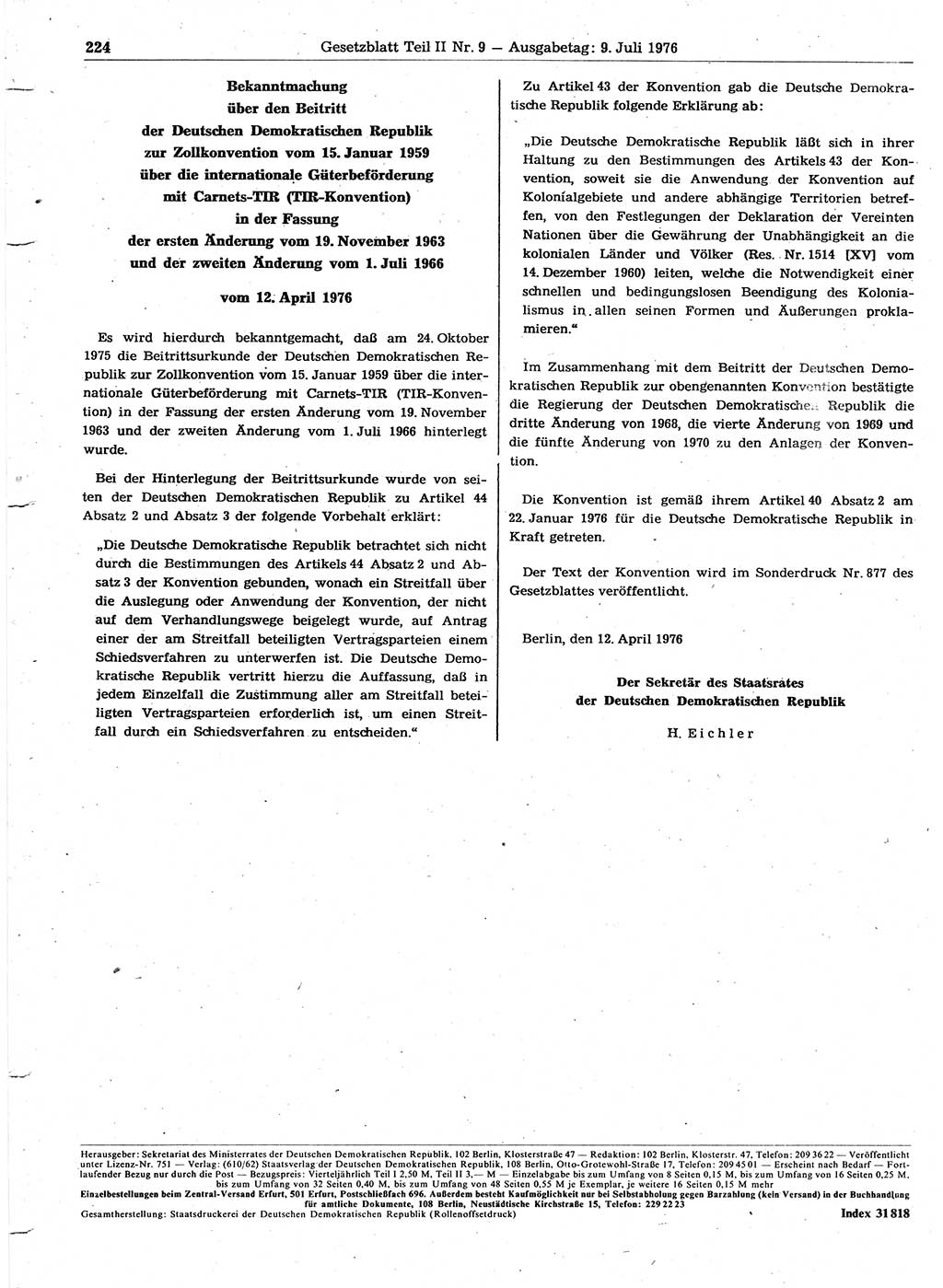 Gesetzblatt (GBl.) der Deutschen Demokratischen Republik (DDR) Teil ⅠⅠ 1976, Seite 224 (GBl. DDR ⅠⅠ 1976, S. 224)