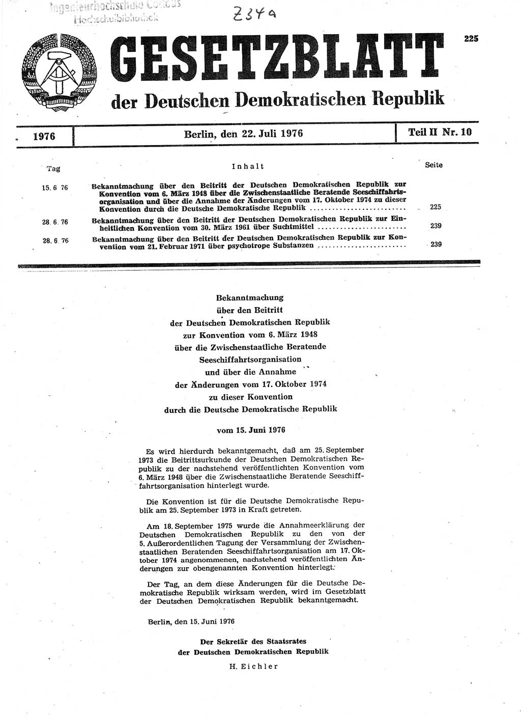 Gesetzblatt (GBl.) der Deutschen Demokratischen Republik (DDR) Teil ⅠⅠ 1976, Seite 225 (GBl. DDR ⅠⅠ 1976, S. 225)