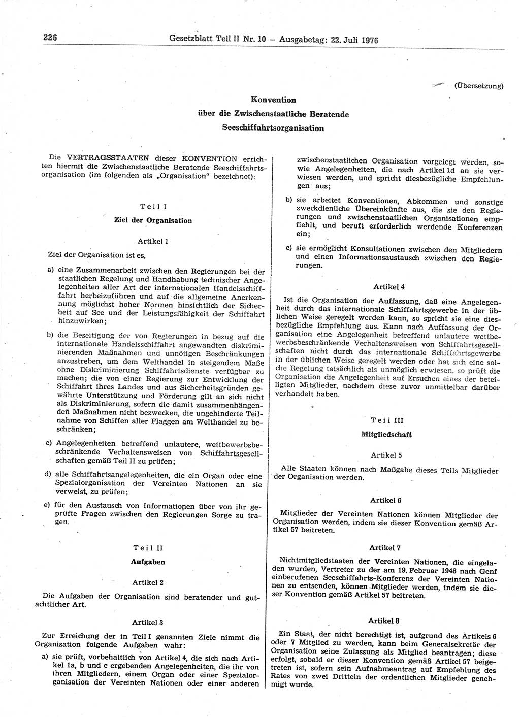 Gesetzblatt (GBl.) der Deutschen Demokratischen Republik (DDR) Teil ⅠⅠ 1976, Seite 226 (GBl. DDR ⅠⅠ 1976, S. 226)