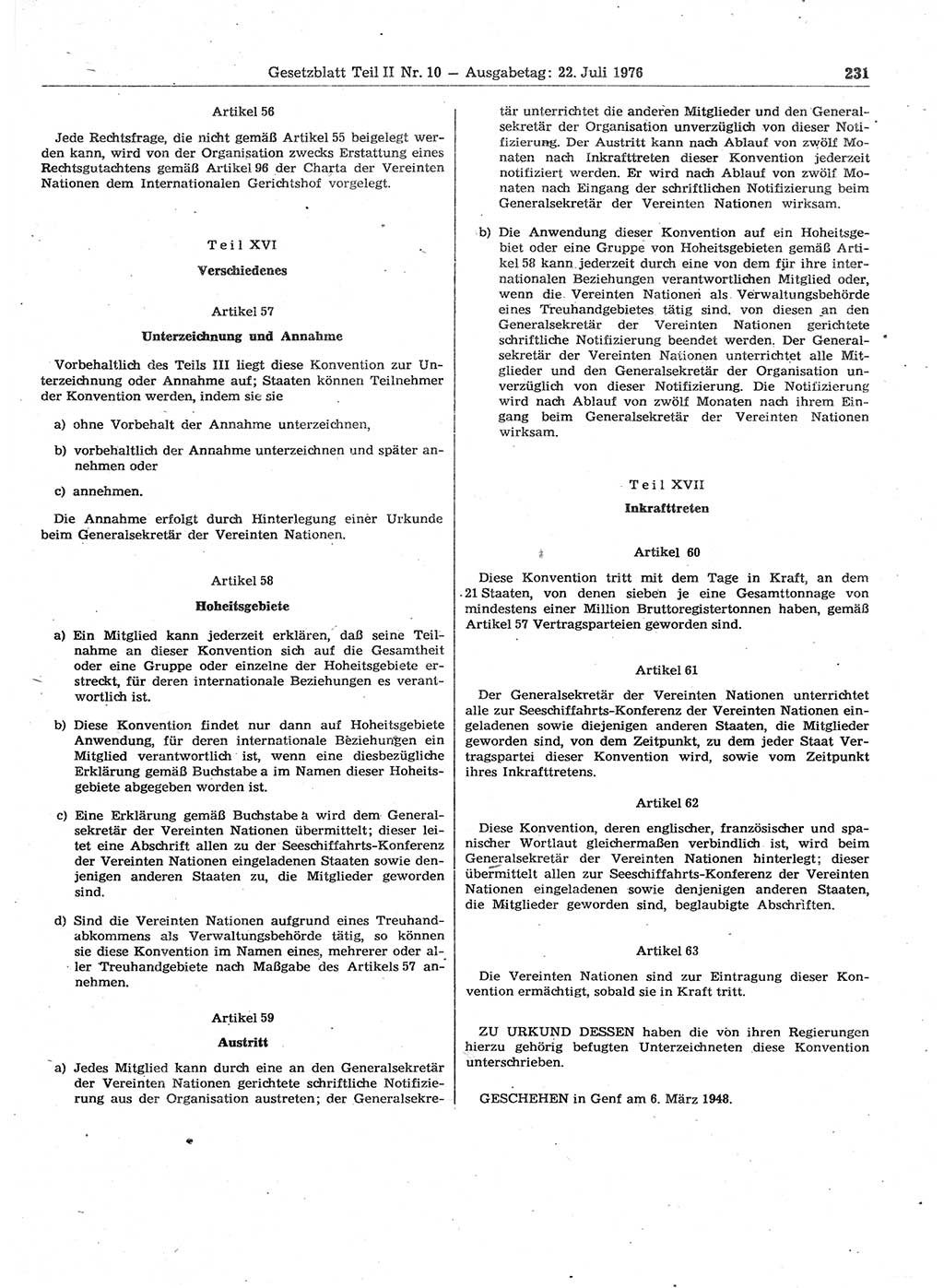 Gesetzblatt (GBl.) der Deutschen Demokratischen Republik (DDR) Teil ⅠⅠ 1976, Seite 231 (GBl. DDR ⅠⅠ 1976, S. 231)