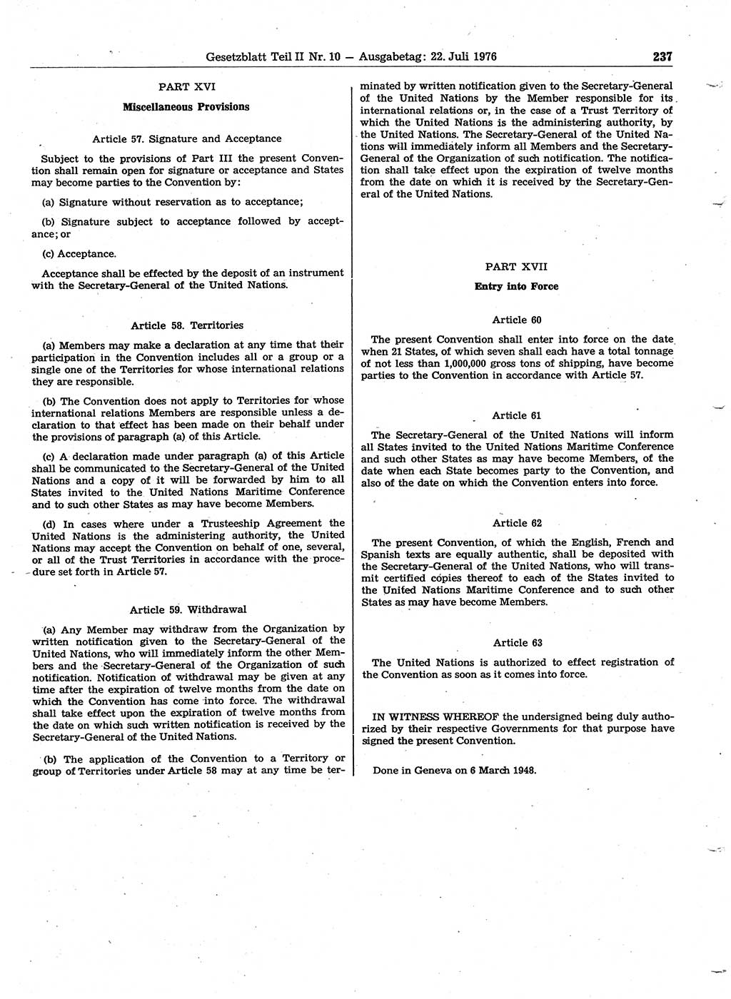 Gesetzblatt (GBl.) der Deutschen Demokratischen Republik (DDR) Teil ⅠⅠ 1976, Seite 237 (GBl. DDR ⅠⅠ 1976, S. 237)