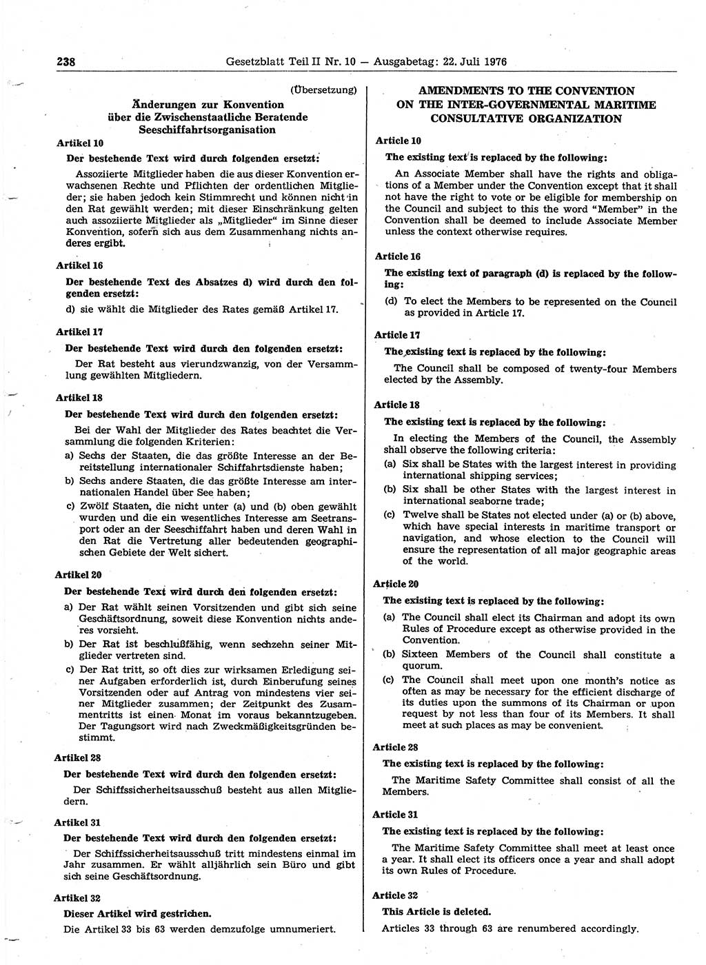 Gesetzblatt (GBl.) der Deutschen Demokratischen Republik (DDR) Teil ⅠⅠ 1976, Seite 238 (GBl. DDR ⅠⅠ 1976, S. 238)