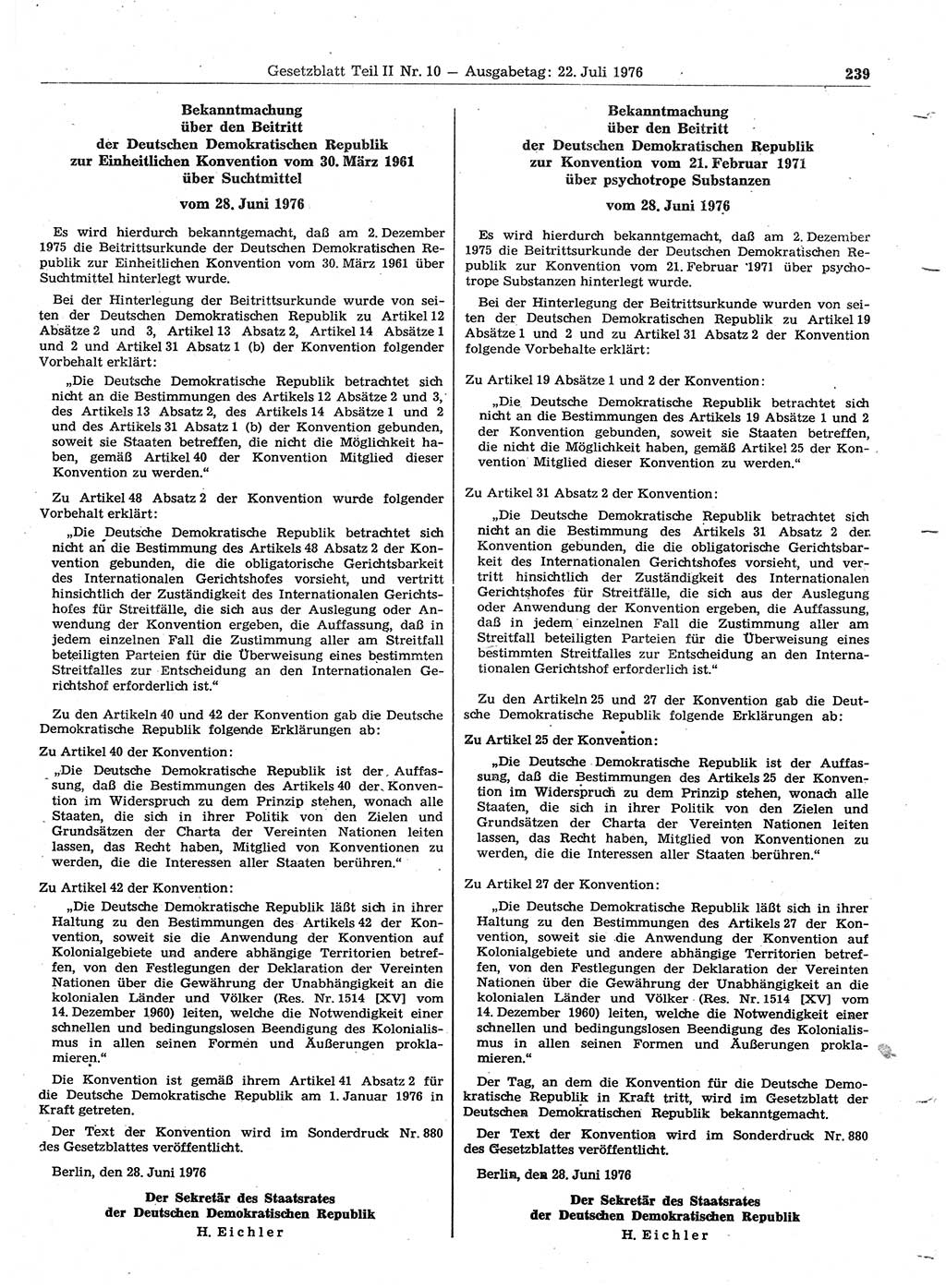 Gesetzblatt (GBl.) der Deutschen Demokratischen Republik (DDR) Teil ⅠⅠ 1976, Seite 239 (GBl. DDR ⅠⅠ 1976, S. 239)