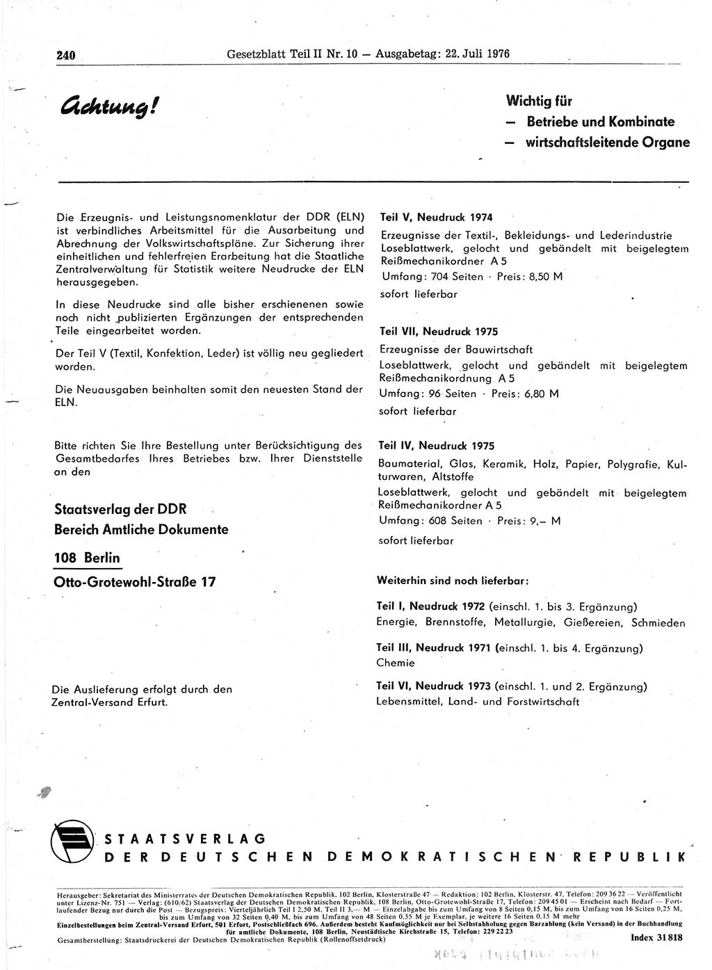 Gesetzblatt (GBl.) der Deutschen Demokratischen Republik (DDR) Teil ⅠⅠ 1976, Seite 240 (GBl. DDR ⅠⅠ 1976, S. 240)