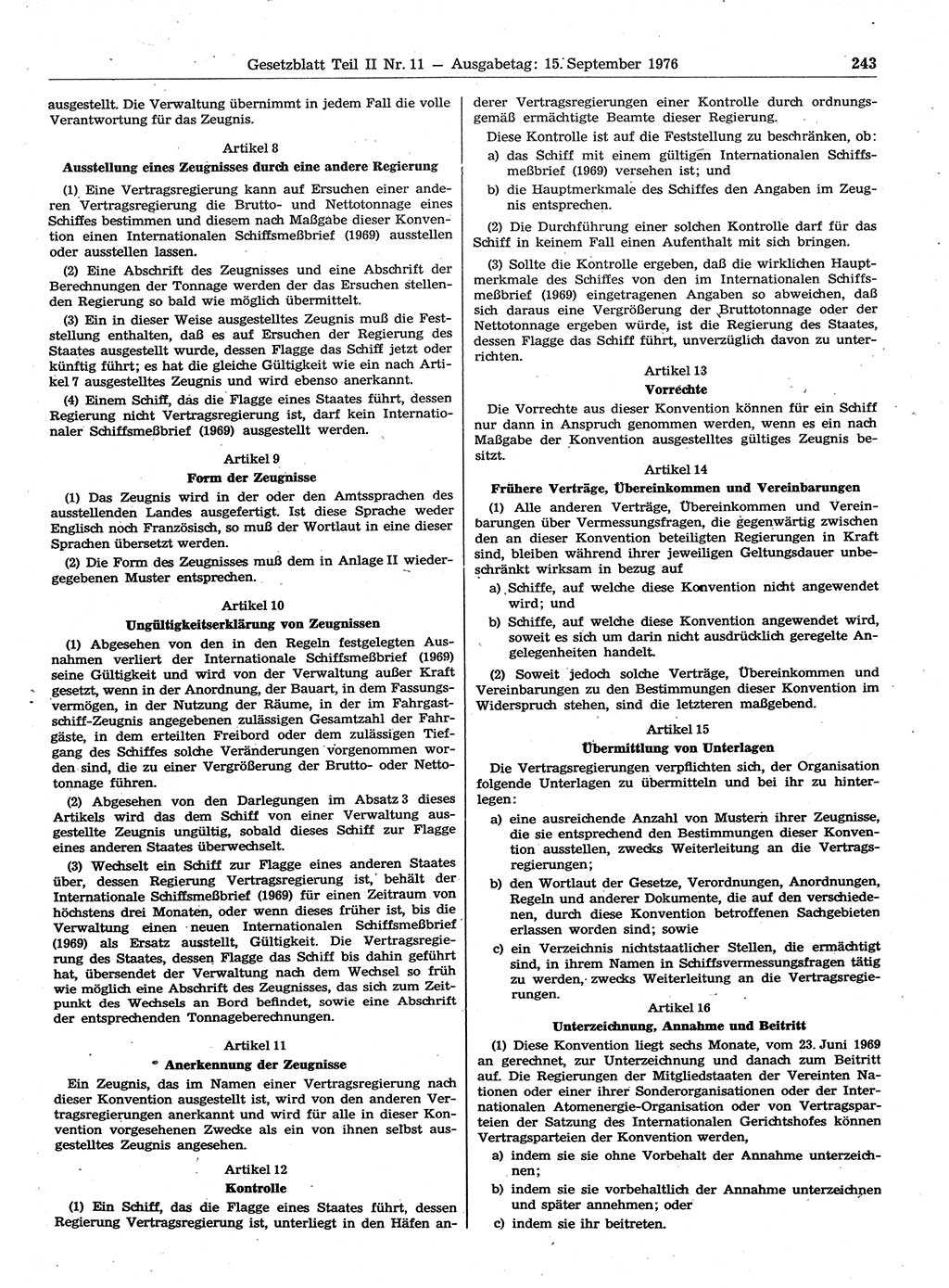 Gesetzblatt (GBl.) der Deutschen Demokratischen Republik (DDR) Teil ⅠⅠ 1976, Seite 243 (GBl. DDR ⅠⅠ 1976, S. 243)